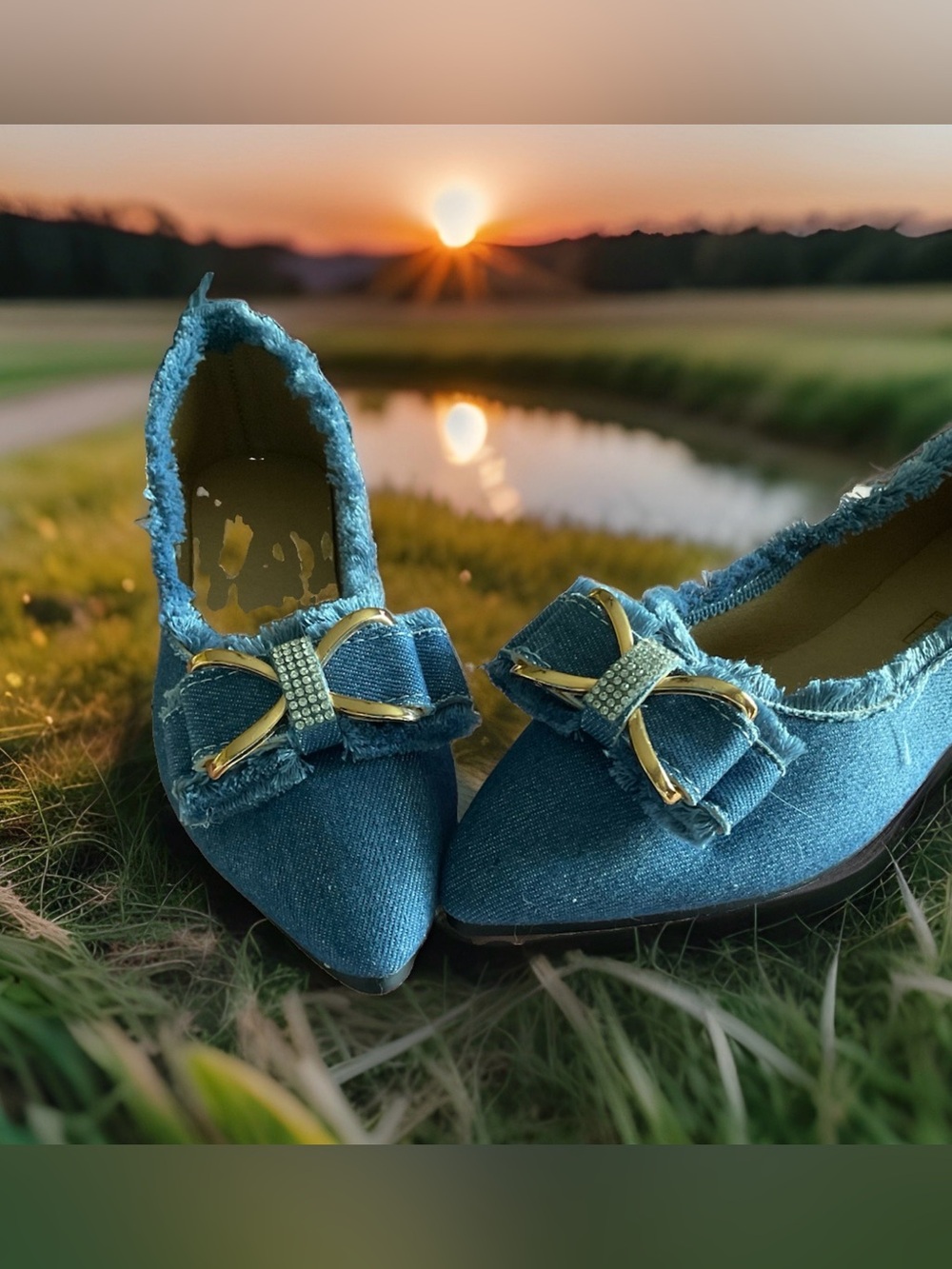 Denim Blue Pointed Toe Flats Gold Bow Rhinestone Accent Size 40 / US 9 - Picture 6 of 10